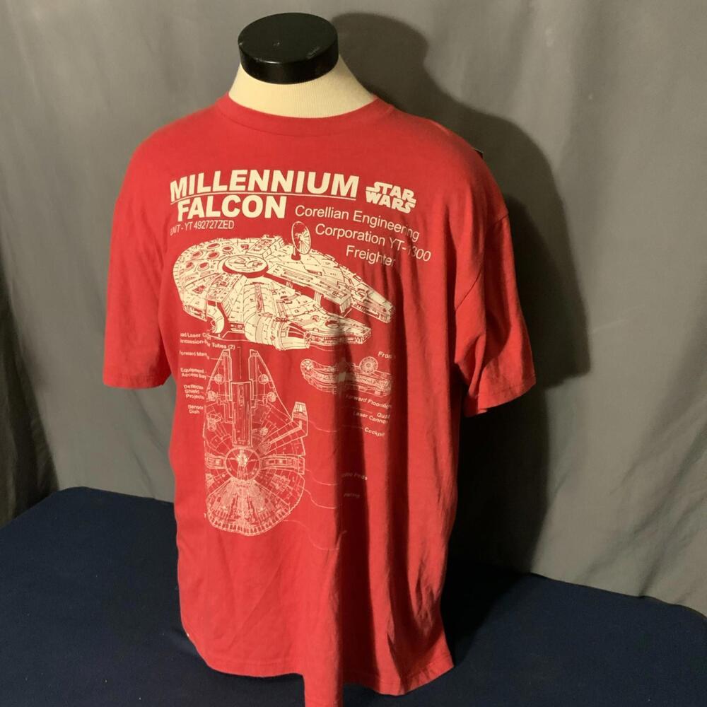Star Wars Mens T-Shirt Red Graphic Millennium Falcon Blueprint Short Sleeve XL